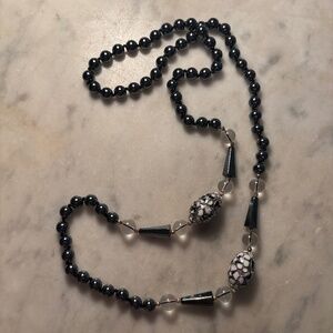 Hematite with quartz and enameled bead necklace, 32 inches